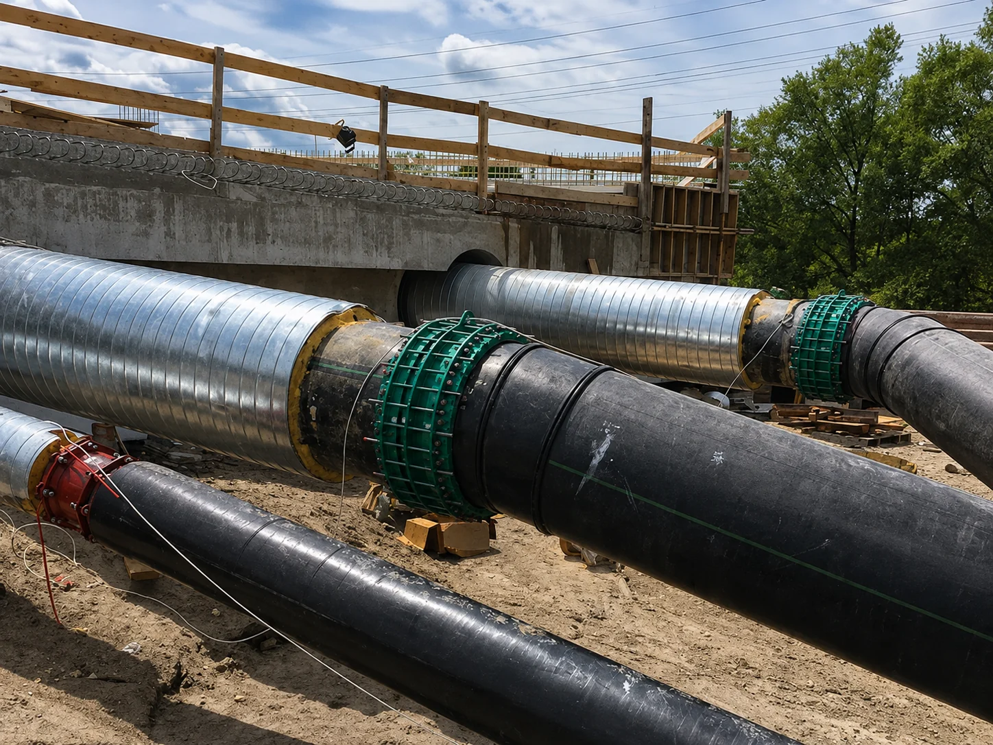 AI-enhanced view of large waterworks pipelines and green restrained couplings, based on ROBAR's York Region construction photograph.