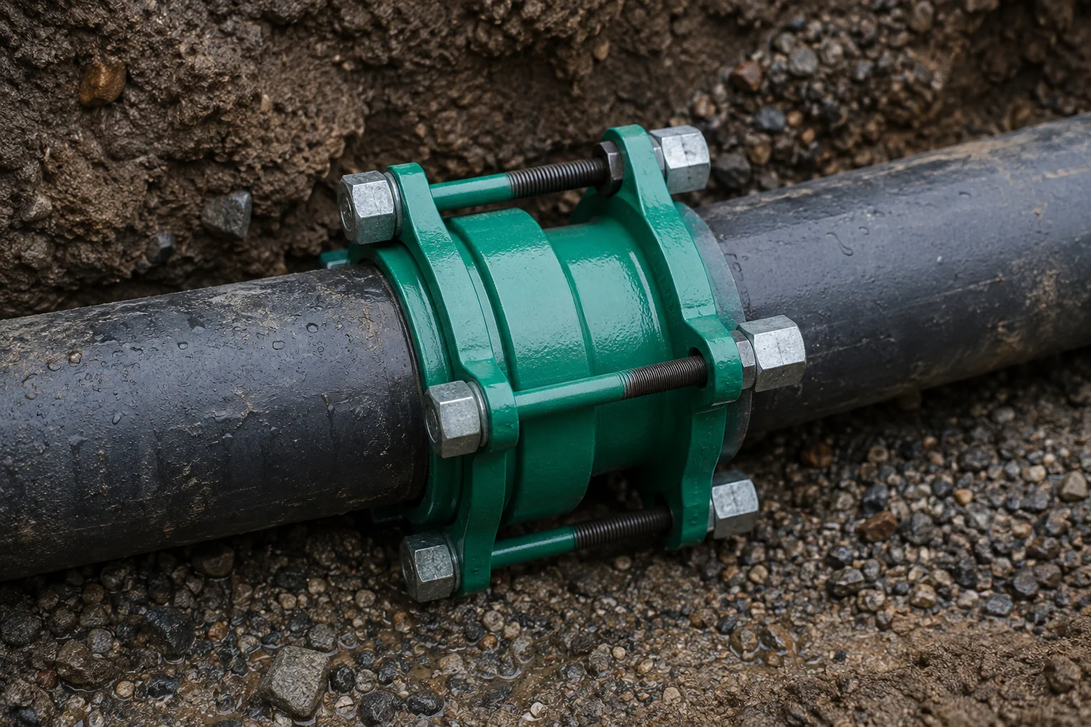 AI illustration of a green cast coupling joining two aligned water pipes in gravel bedding.