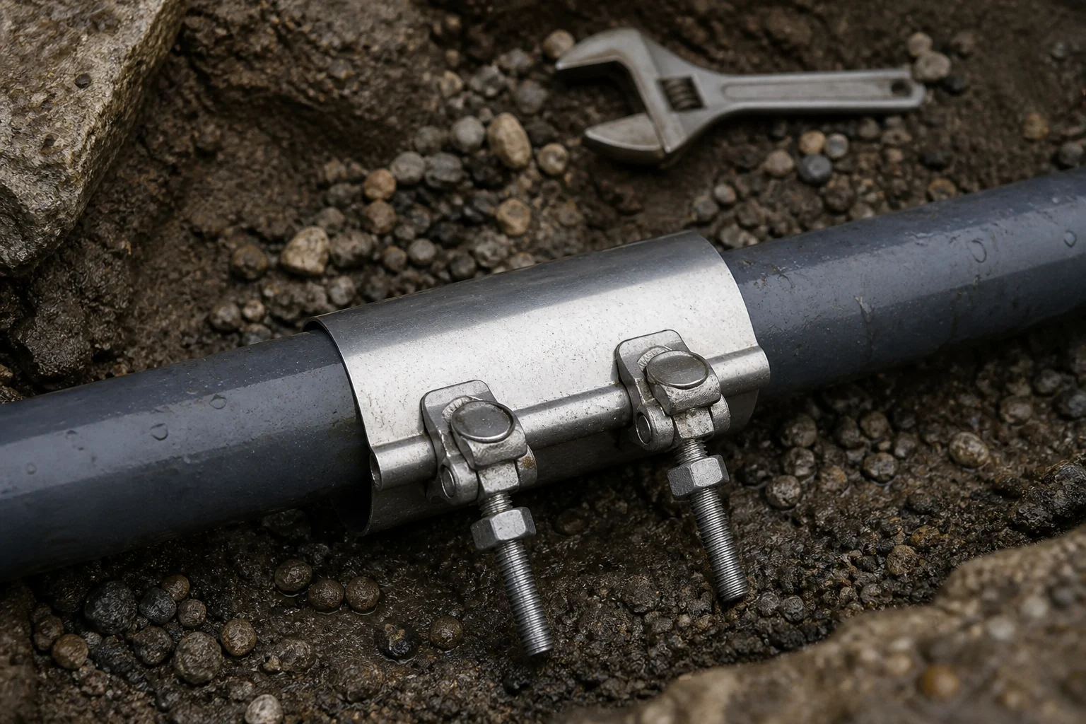 AI illustration of a stainless snap clamp around a pipe, with two cast latches and long threaded studs.