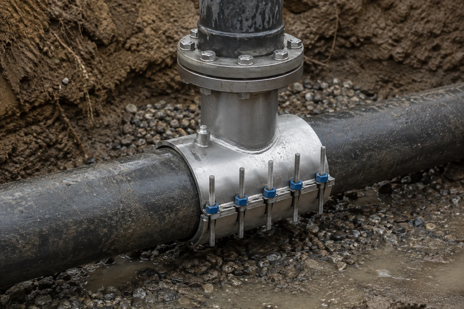 AI illustration of a stainless tapping sleeve installed around a water main with a connected branch pipe.