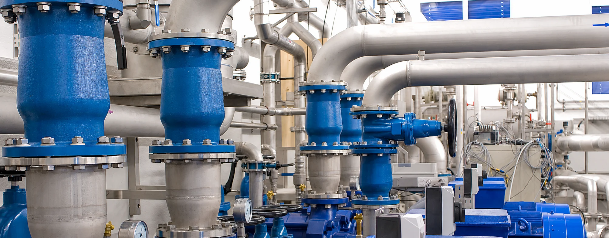 Blue waterworks valves and large stainless steel pipework in a treatment facility
